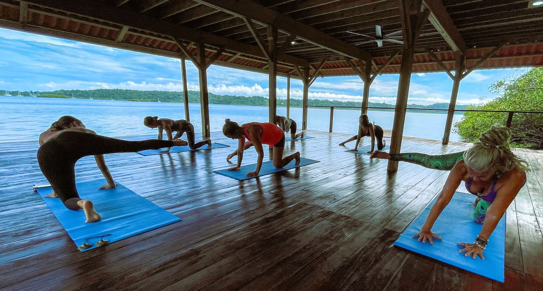 A group of people doing yoga on the ground.