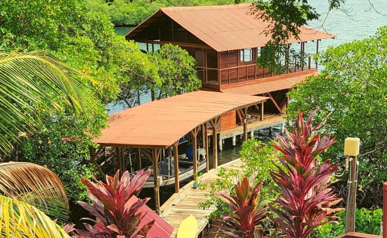 A house with a large deck and lots of trees.