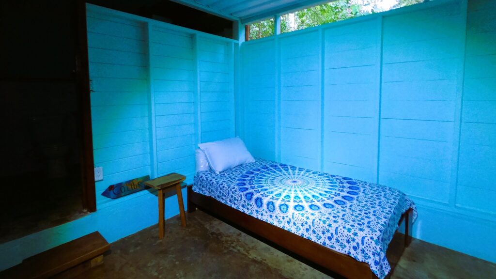 A bed room with a blue wall and wooden floor